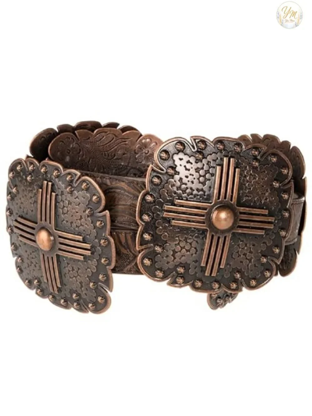 Women's Floral Embossed Leather Belt with Western Square Conchos and Removable